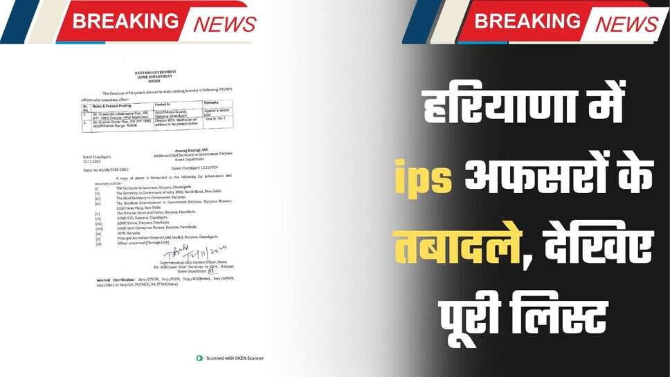 Haryana IPS Transfer: हरियाणा में ips अफसरों के तबादले, देखिए पूरी लिस्ट