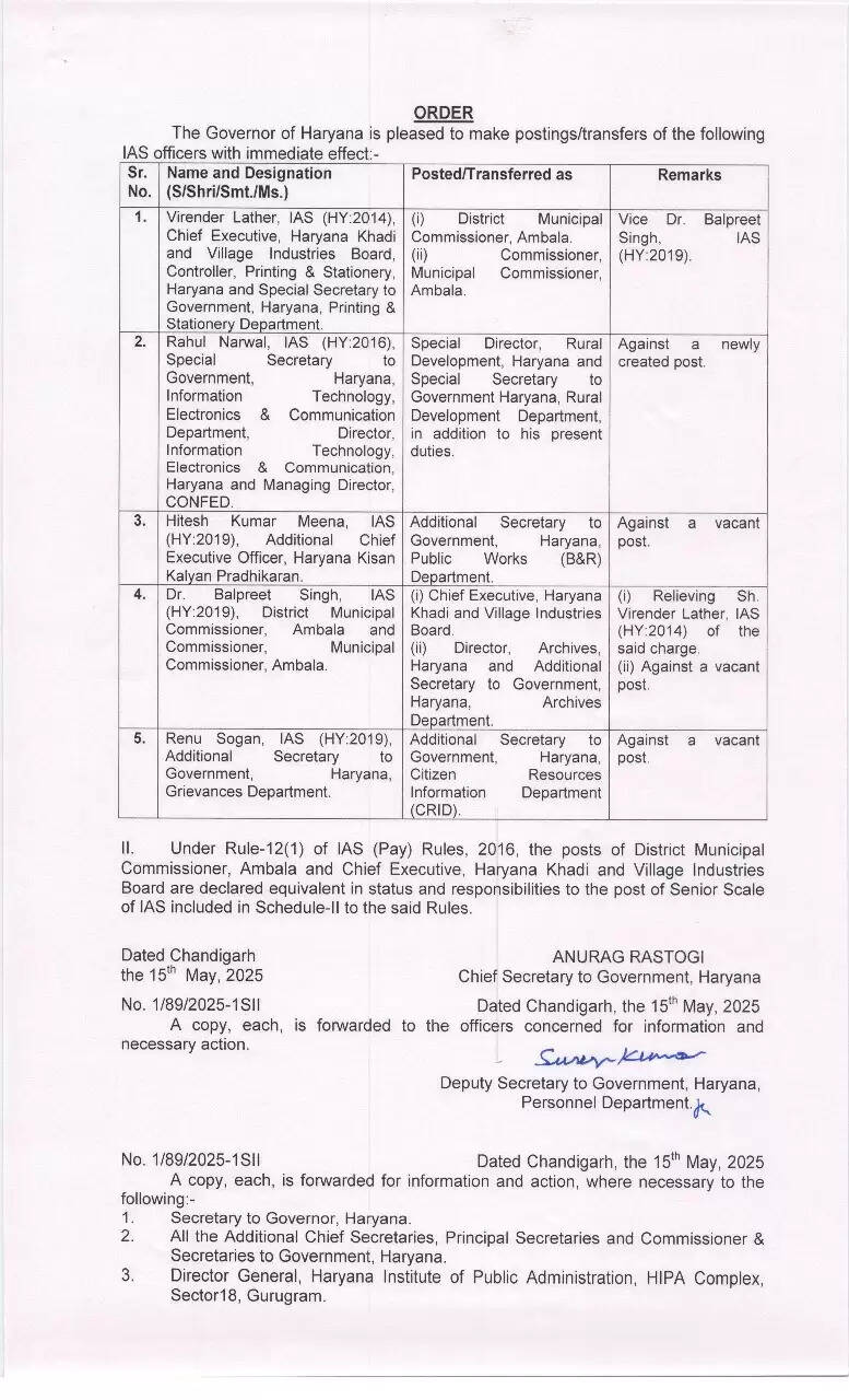  हरियाणा में इन IAS अधिकारियों का हुआ तबादला